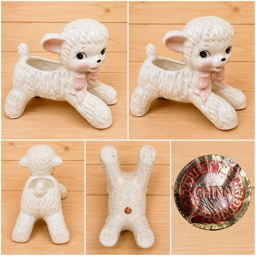 Vintage Dualite Products Japan Lamb Planter Vase Pink Bow Ceramic Nursery [B]